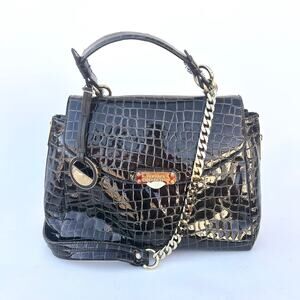 Versace Collection Croc-Embossed Patent Leather Top Handle Bag Black Purse